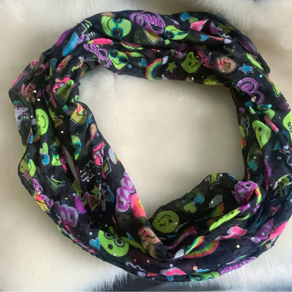 JUSTICE Emoji Infinity Scarf Black Multi Colored w Sparkle OS
